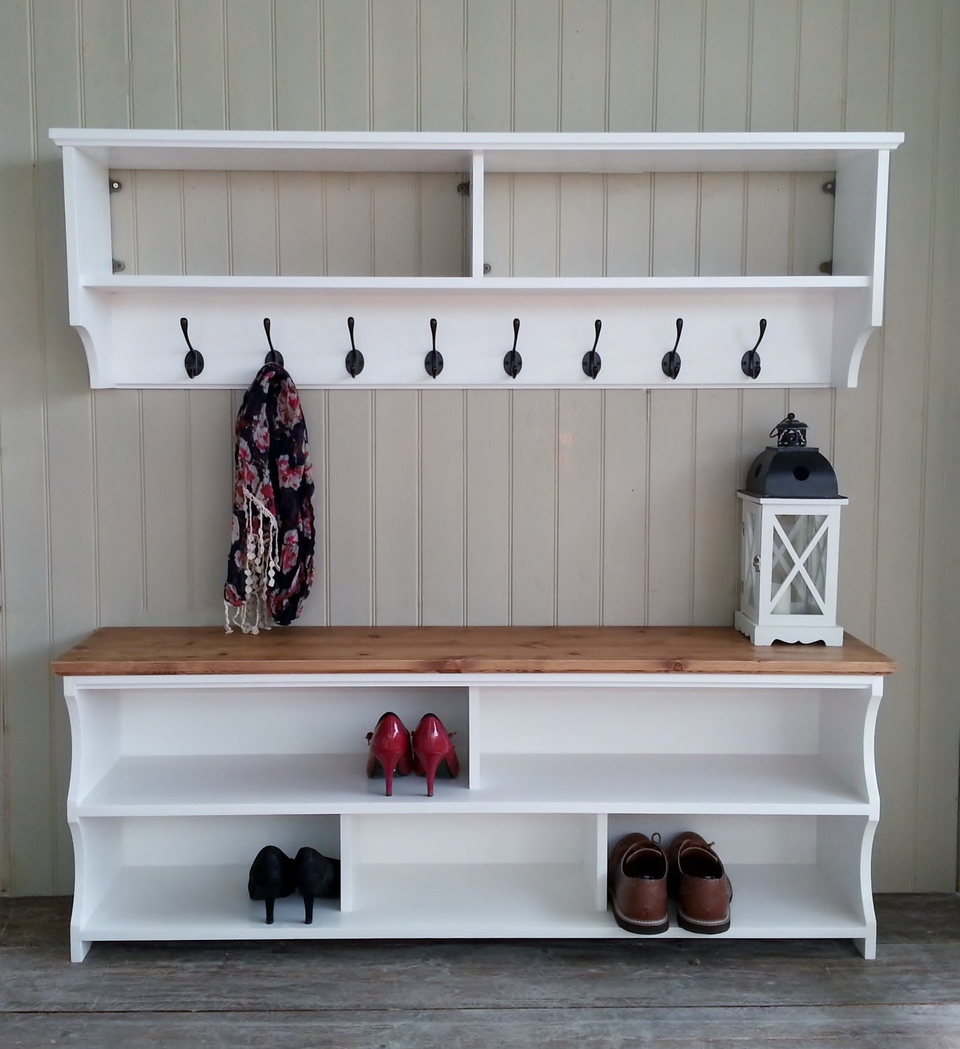 Entryway Shoe Bench 18-Cube Shoe Storage Organizer with Wall Mounted Coat  Rack