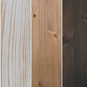 May include: Three wood samples showing different stages of wood staining. The first sample is a light, natural wood color. The second sample is a medium brown color. The third sample is a dark brown color.