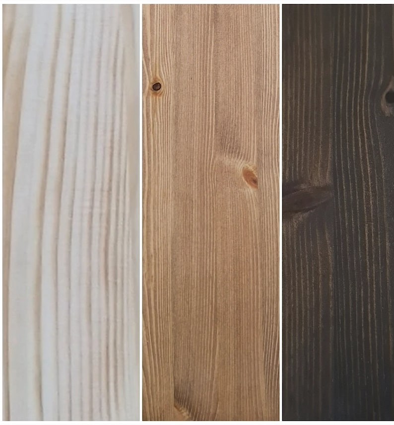 May include: Three wood samples showing different stages of wood staining. The first sample is a light, natural wood color. The second sample is a medium brown color. The third sample is a dark brown color.