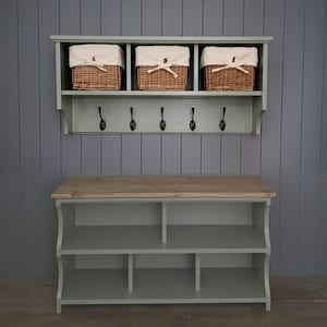 Shoe bench & coat rack hallway set including baskets. Shoe rack, coat hooks in a choice of colours and sizes