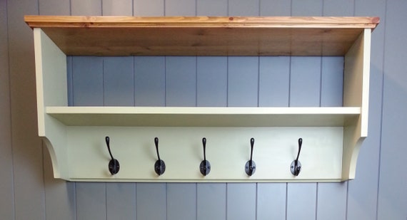 Hat & Coat Rack With Shelf. Painted Wall Mounted Solid Wood Display Shelves  With Cast Iron Hooks for Hall Kitchen Bathroom or Bedroom 