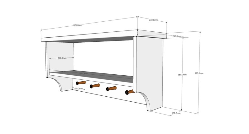 Puede incluir: Estante de pared de madera blanca con un estante superior y un estante inferior. El estante tiene cuatro ganchos de madera en la parte inferior. El estante mide 154 cm de ancho, 60 cm de alto y 45 cm de profundidad.