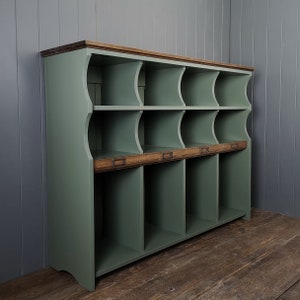 Tall hallway storage bench or chest with cubby compartments & name plaques Family hallway storage for coats, shoes, bags