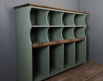 Tall hallway storage bench or chest with cubby compartments & name plaques Family hallway storage for coats, shoes, bags
