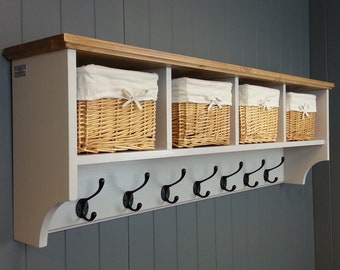 Painted or wood finished hat & coat rack with shelf including baskets,