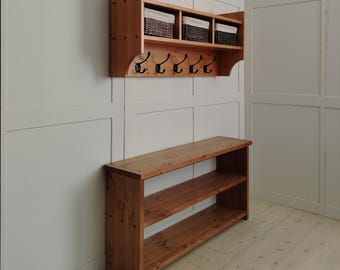 Slim Hallway Furniture Set | Narrow Shoe Storage Bench & Coat Rack with Baskets | Solid Pine Entryway Storage | Handmade Rustic Mudroom UK