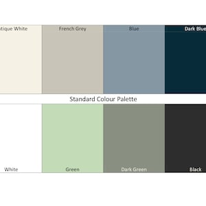 May include: A color palette chart with 8 color swatches. The top row shows Antique White, French Grey, Blue, and Dark Blue. The bottom row shows White, Green, Dark Green, and Black.