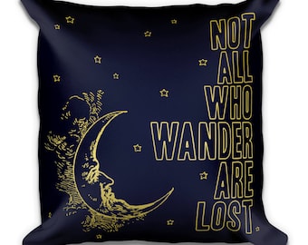 Not All Who Wander Compass Decorative Moon Art Print on Boho Pillow