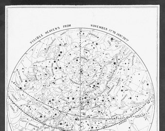 Visible Heavens 04 Constellation Celestial Chart - Astronomy Gift - Astrology Art - Zodiac Sign Star chart - Night Sky - November to January