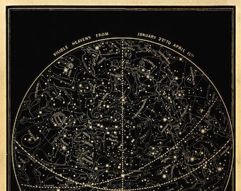 Visible Heavens 01 Constellation Celestial Chart - Astronomy Gift - Astrology Art - Zodiac Sign - Night Stars - Sky Map - January to April