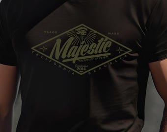 Majestic Vintage Diamond Badge T-Shirt | Retro Script Logo, Minimal Monochrome Tee