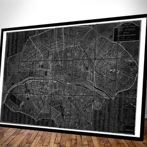 Mapa Paryża Chez Jean w czerni i bieli - Vintage Art Print - Stare mapy i grafiki - Antyczny paryski wystrój - Stary plakat z mapą Paryża