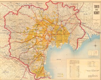 Vintage Map of Tokyo Showing Bombed Out Areas - WWII Wall Art - Japan WW2 Poster Print - Air Corps World War Two - Old Maps and Prints