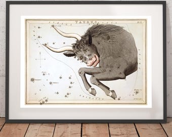 Taurus Zodiac Art Print - Astronomy Astrology Horoscope Art - Vintage Celestial Constellation Chart - Old Maps and Prints