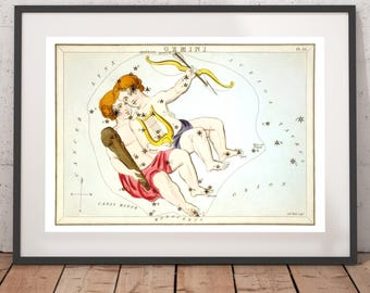 Gemini Zodiac Art Print - Astronomy Astrology Horoscope Art - Vintage Celestial Constellation Chart - Old Maps and Prints