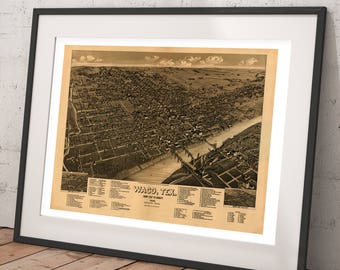 1866 Map of Waco Texas Antique Birds Eye City Map - Magnolia Style Farm Decor