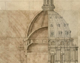 Dome Design for Cathedral of St Paul Vintage Architectural Print - English Decor Art Print -  London Baroque Cathedral Architecture Drawing