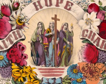 Victorian Faith Hope Charity Print, 1874 Currier & Ives Religious Wall Art
