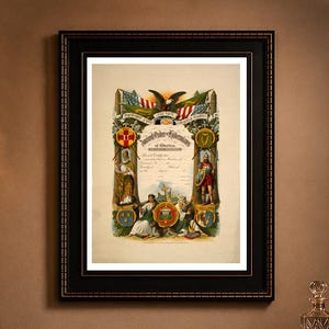 May include: A framed vintage-style certificate titled Ancient Order of Hibernians of America, featuring a central eagle, American and Irish flags, and detailed illustrations of figures, shields, and emblems in a decorative, colorful border.