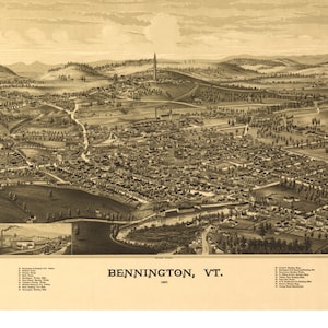 Panorama Landkarte von Bennington Vermont - Landkarten und Drucke - Wand Dekor - antike Americana - historische Bennington Battle Monument