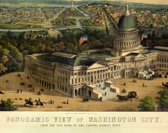 Panoramic View of Washington DC - Old Maps and Prints - Vintage Wall Art - Antique Birds Eye Map - Historic Map - History Gift - Americana