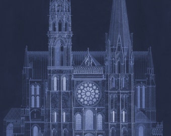 Cathédrale de Chartres in Blue - Vintage Architecture Blueprint - Old Maps and Prints - Architectural Drawing - Restoration French Decor