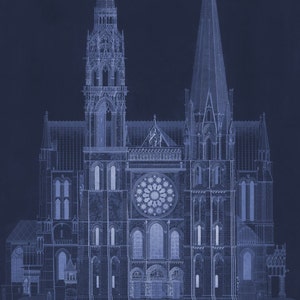 Cathédrale de Chartres in Blue - Vintage Architecture Blueprint - Old Maps and Prints - Architectural Drawing - Restoration French Decor