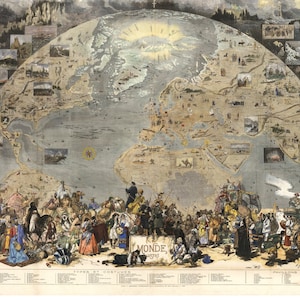 Mapa do mundo antigo Le Tour Du Monde - Mapas e gravuras antigas - Arte de parede - Mapa histórico - Mapa do mundo em estilo de restauração - Mapa de parede francês