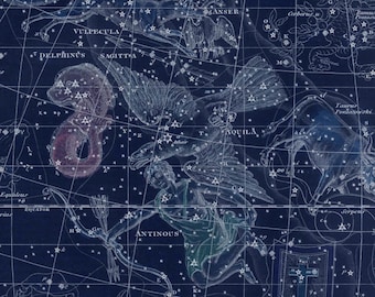 Vintage Delphinus Sagitta Aquila Antinous Constellation Celestial Map - Astronomy Gift - Astrology Decor - Star Poster - Restoration Decor
