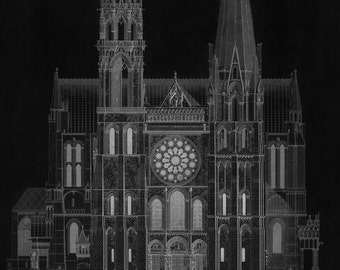 Cathedral de Chartres in Black - Vintage Architecture - Old Maps and Prints - Architectural Technical Drawing - Restoration French Decor