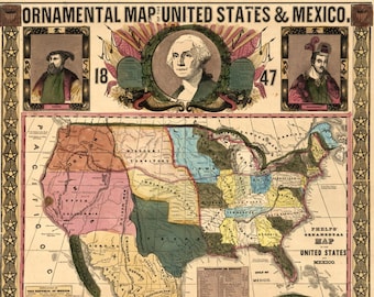 1847 Ornamental Map of the United States and Mexico - Vintage Art Print - Antique US Map - Americana - United States Historic Wall Map