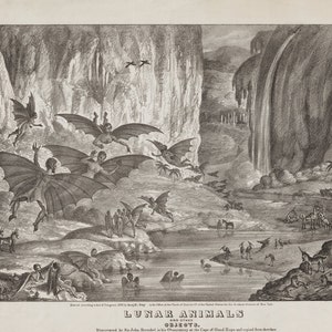 Mond Tiere Astronomie Art Print - Antike Fantasy Illustration - Großer Mond Hoax - Fabelwesen und Einhörner - Alte Landkarten und Drucke