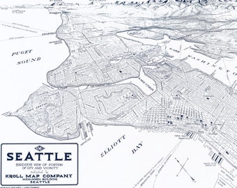 Vintage Panoramic Map of Seattle - Old Maps and Prints - Emerald City Wall Decor - Antique Americana - Historic Pacific Northwest Poster