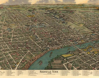 Bird's-Eye View of Nashville Tennessee in the 1880's - Southern Wall Decor