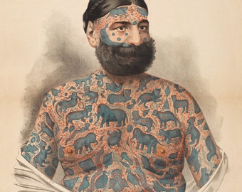 Tattooed Man Sideshow Poster - Captain Costentenus Vintage Art Print - Antique Advertising Art - Tattoo Greek - Circus Ephemera