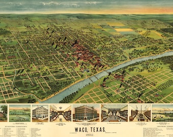 1892 Bird's Eye Map of Waco Texas Vintage Art Print - Magnolia Style Home Decor