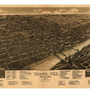 1866 Map of Waco Texas Vintage Art Print Antique Birds Eye City Map Magnolia Farm House Decor History Gift Historic Americana image 1