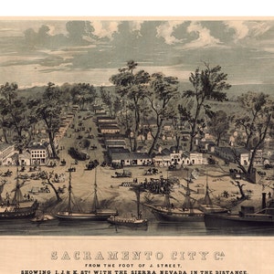 1850-Karte von Sacramento-Kalifornien - Landkarten und Drucke - Jahrgang Wandkunst - Birds Eye View - antike Karte - Wand-Dekor - historischen Americana
