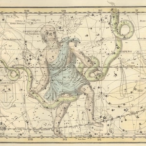 Vintage Opiuchus & Schlangen Sternbild Himmelskarte - Astronomie Geschenk - Astrologie Dekor - Sternenkarte Poster - Restaurierung Kunstdrucke