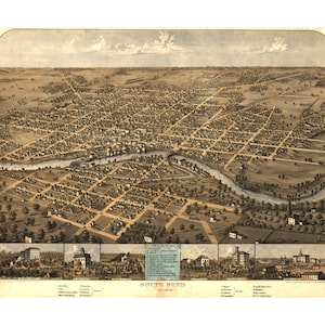 1866-Karte von South Bend Indiana - Landkarten und Drucke - Jahrgang Wandkunst - antike Vögel Auge Karte - historische Karte - Geschichte Geschenk - Americana