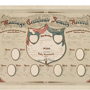 Jahrgang Heiratsurkunde und Familien-Datensatz - Stammbaum - Genealogie - viktorianischen antike Kunst Druck - 1800 Americana - Geschenk für Hochzeit
