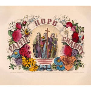 Faith Hope Charity Vintage Art Print - Virtues and Spirituality - Victorian Religious Art - Old Maps and Prints