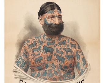 Tattooed Man Sideshow Poster - Captain Costentenus Vintage Art Print - Antique Advertising Art - Tattoo Greek - Circus Ephemera