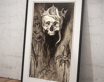 Skull Crowned with Snake and Flowers Art Print, Momento Mori Oddities Wall Art, Henry Weston Keen Illustration