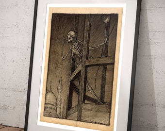 Death In a Bell Tower Art Print, Macabre Skeleton Dark Academia Decor