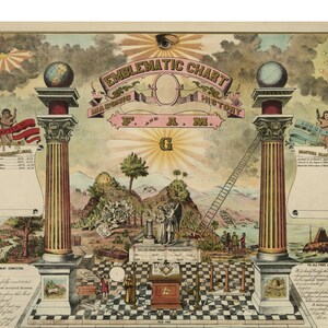 May include: A colorful vintage chart depicting Masonic history with an all-seeing eye at the top, two pillars, a ladder, and a checkered floor. The text reads "Emblematic Chart Masonic History F. & A. M."