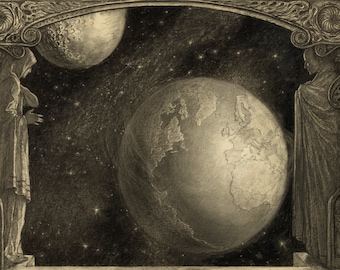 Blick auf Erde Mond und Milchstraße - Astronomie Art Deco Print - Antike astronomische Illustration - Alte Karten und Drucke