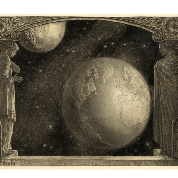 View of the Earth Moon and Milky Way - Astronomy Art Deco Print - Antique Astronomical Illustration - Old Maps and Prints