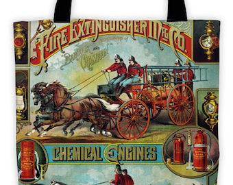 Art Print Tote Bag - Antique Fire Fighter Advertisement Print - Large Market Tote - Reusable Grocery Bag - Vintage Carry All Beach Bag