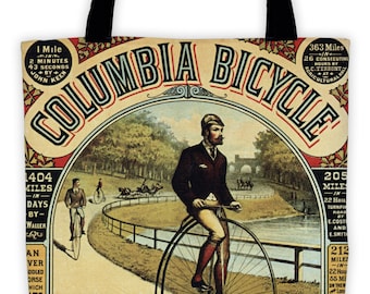 Art Print Tote Bag - Antique Columbia Bicycle Advertisement Print - Large Market Tote - Reusable Grocery Bag - Vintage Carry All Beach Bag